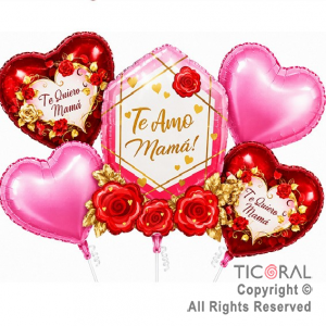 SET DE GLOBOS METALIZADO TE AMO MAMA FLORES 5 UNIDADES